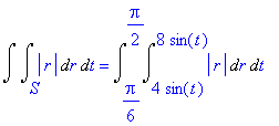 Int(Int(abs(r),r = S .. ``),t = `` .. ``) = Int(Int(abs(r),r = 4*sin(t) .. 8*sin(t)),t = 1/6*Pi .. 1/2*Pi)