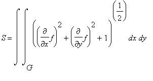 S = Int(Int((Diff(f,x)^2+Diff(f,y)^2+1)^(1/2),x = G .. ``),y = `` .. ``)