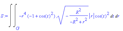 S := Int(Int(-r^4*(-1+cos(t)^2)*(-R^2/(-R^2+r^2))^(1/2)*abs(r)*cos(t)^2,t = G .. ``),r = `` .. ``)