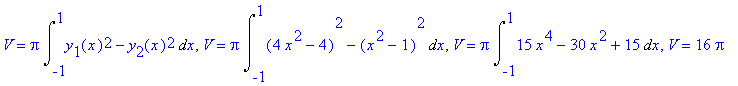 V = Pi*Int(y[1](x)^2-y[2](x)^2,x = -1 .. 1), V = Pi...
